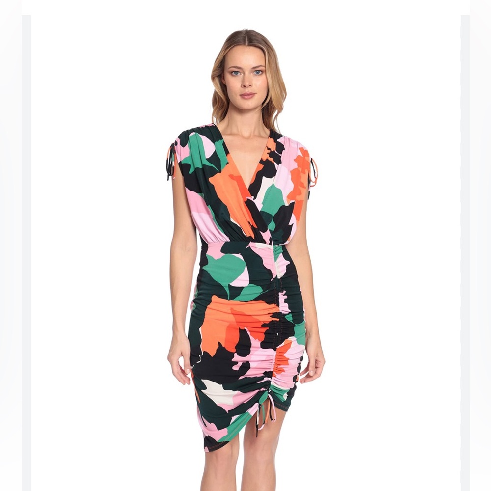 Donna Morgan Asymmetrical Dress in Black, Pink, and Orange